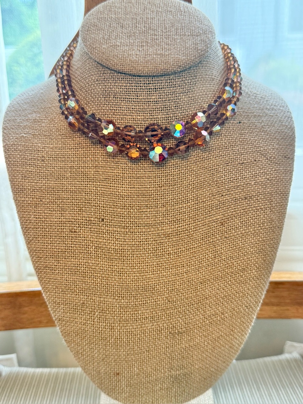 Amber color Aurora Borealis Crystal Multi-Strand Choker Vintage Necklace